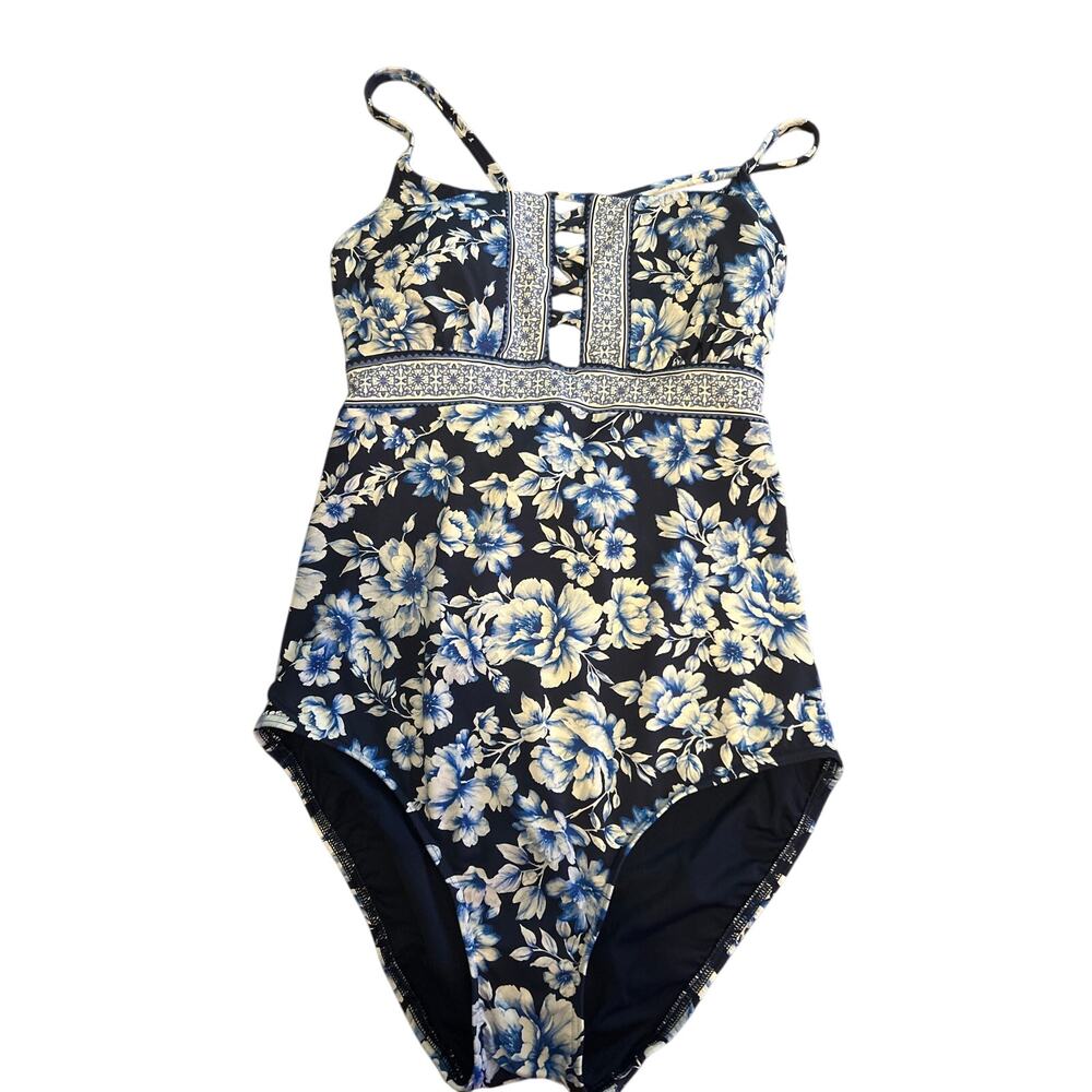 Land's End Floral Padded Adjustable Tie-back Swimsuit 10L Long NWT